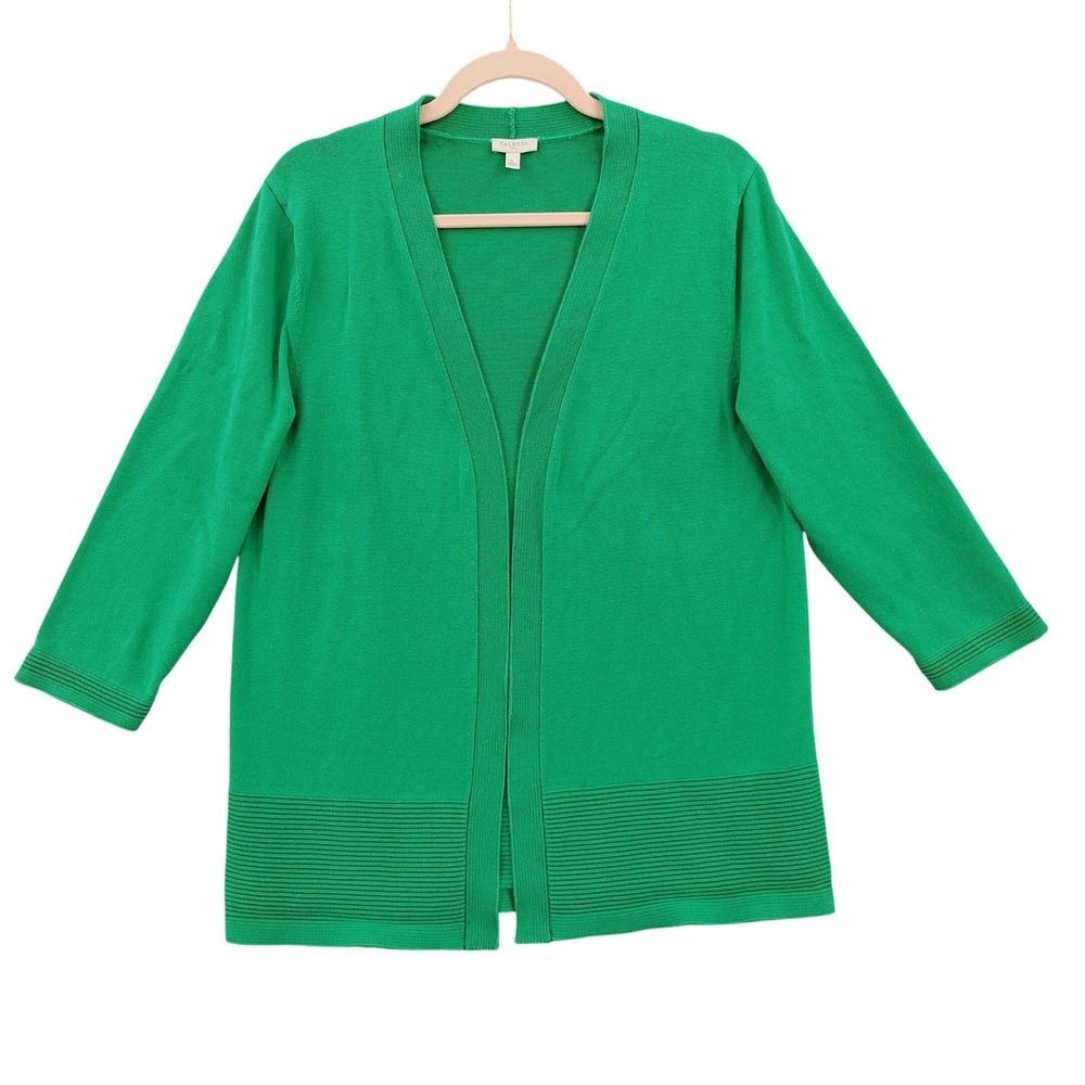 Talbots Women Preppy Classic 100% Cotton Cardigan L Green Open Front Ribbed Trim